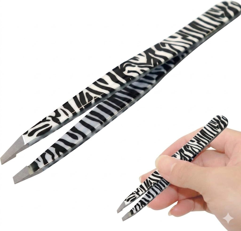 Professional Eyebrow Tweezers Stainless Steel Facial Hair Removal Tweezers with Slanted Tip for Easy Plucking Silver-blacK MIX WHITE