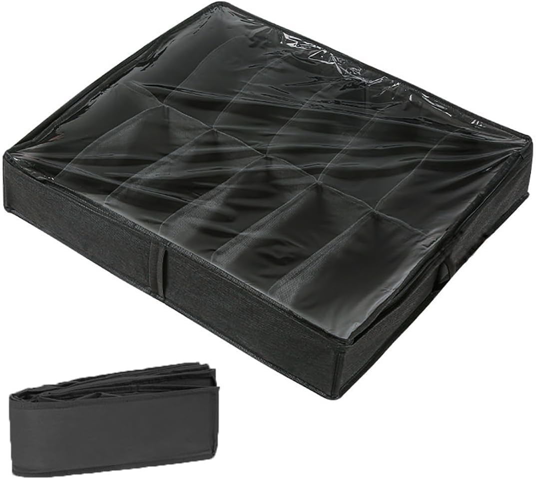Circle M Under Bed Shoe Organizer, 12-Pair Capacity with Transparent Lid, Foldable Design, Black