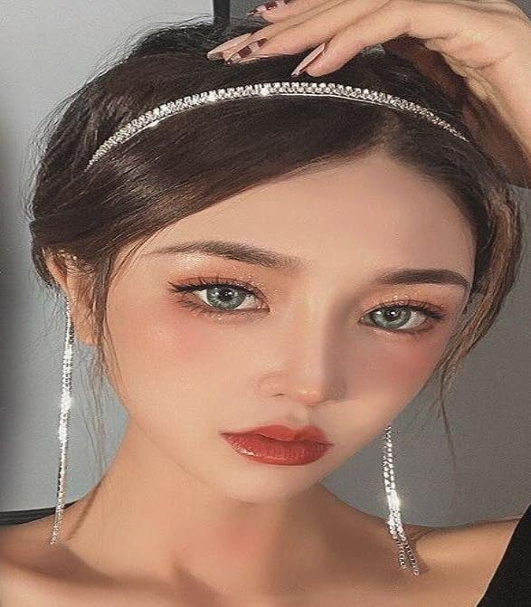Silver Rhinestone Tassel Headband Hair Hoop Earrings for Girls Women Great Event Engagement Wedding Hair Hoop Earring Long Behind Ear Crown Bride Hair Accessories