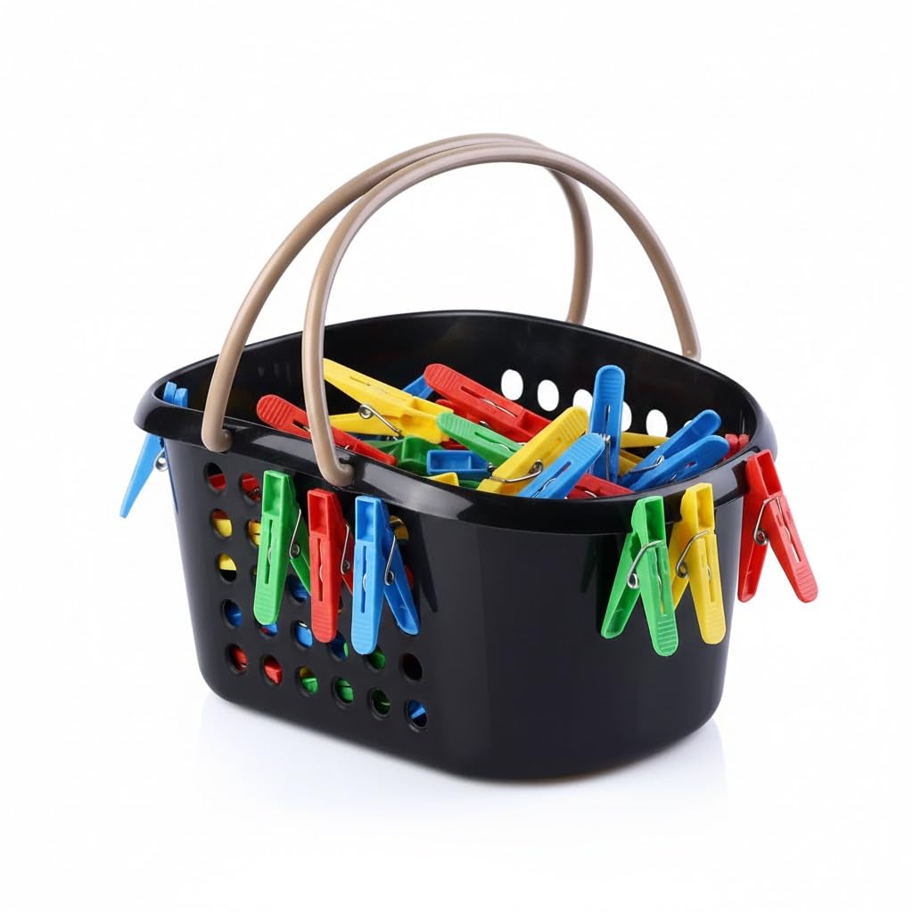 Plastic Clothespin Basket (Random Color), 24x16x11.5cm, with Carry Handles (Cream, Grey and Black)