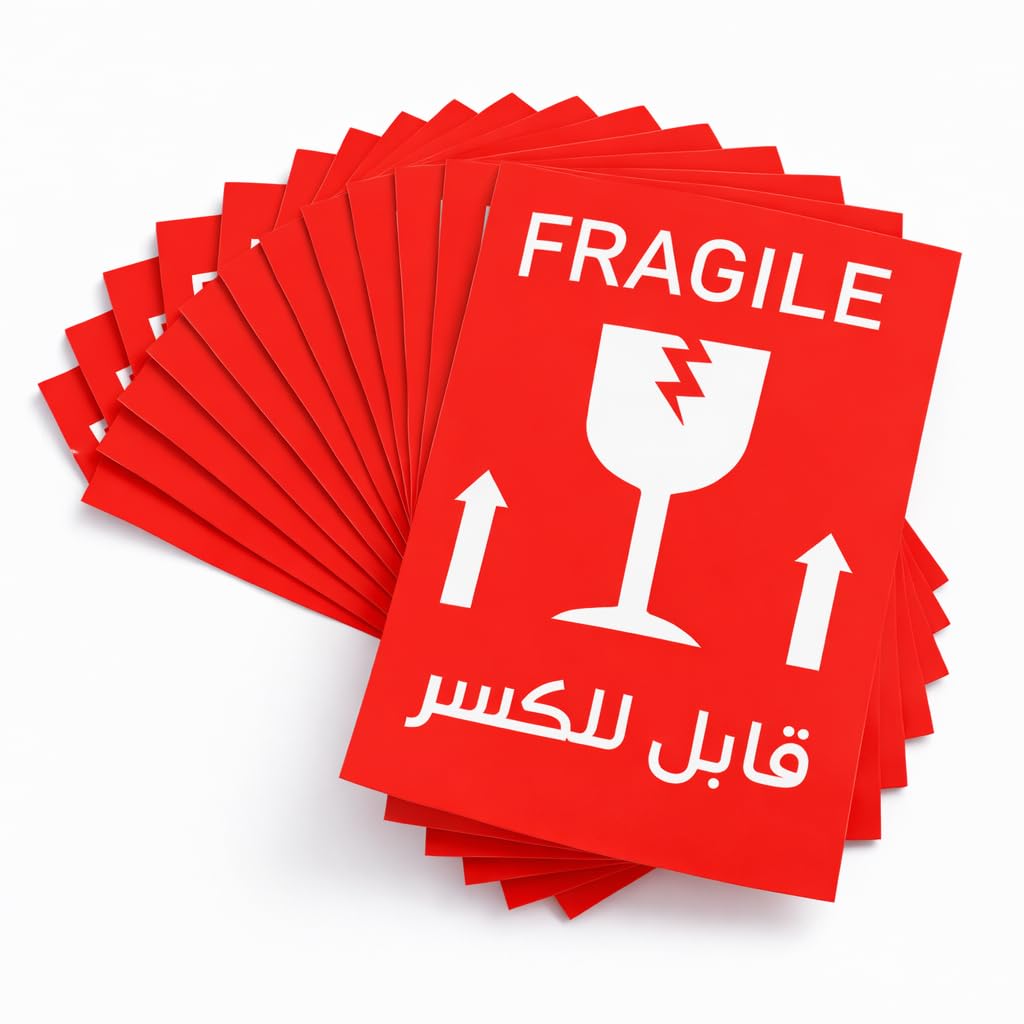 OVA Fragile Arrow Warning Stickers for Packaging – Handle with Care Carton Labels, Self-Labels, High Visibility Red Print, Strong Adhesive for Boxes (100)