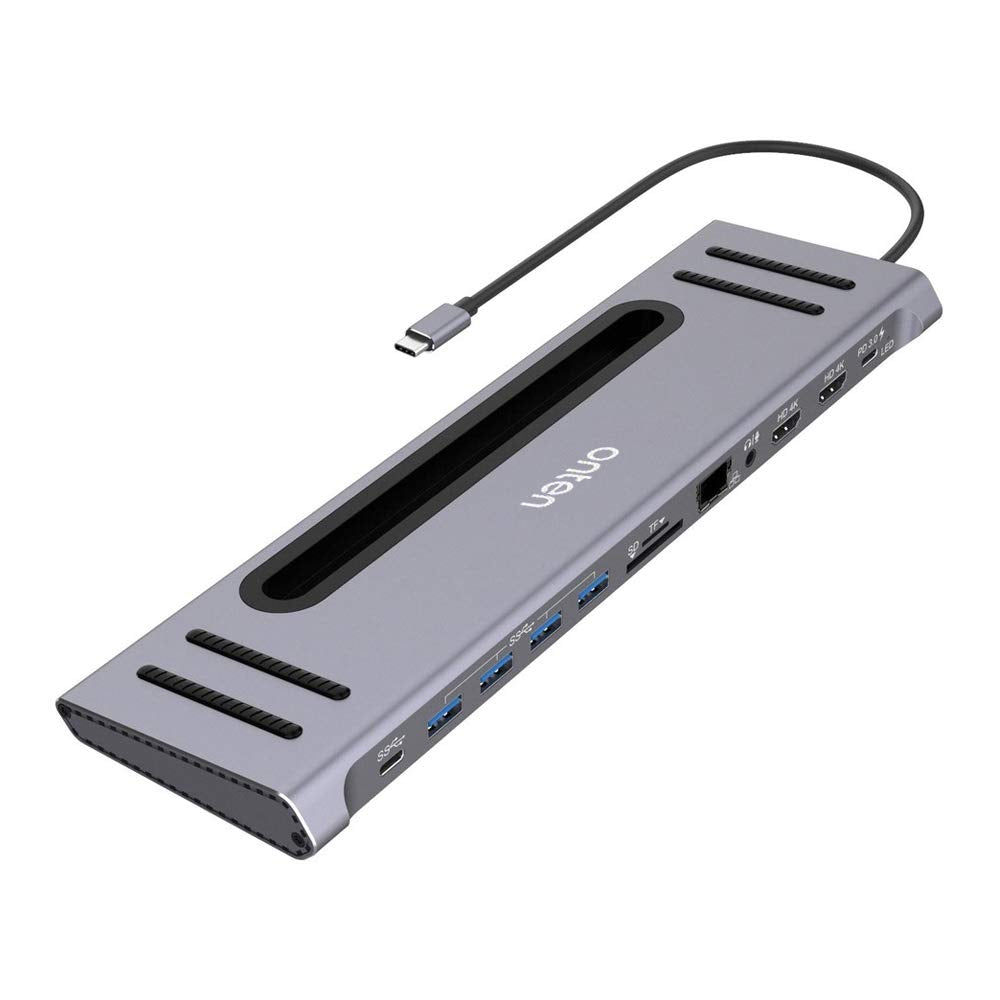 Onten 12 in 1 USB-C Docking station with 2*HDMI 4K, 2*USB-C, 4*USB 3.0, Gigabit port, SD/TF Card Readers and 3.5mm Audio for MacBook/Pro/Air, iPad Pro, Laptops, Tablets, Mobile Phones OTN-9199 (Grey)