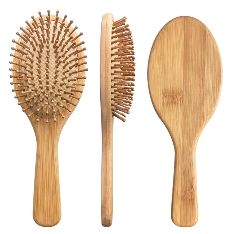 Bamboo Hair Brush Set for Hair Growth (oval shape) - Natural Wooden Scalp Massage Brush with Bamboo Bristles,Detangling Hairbrush for Women,Men,All Hair Types - Ergonomic Handle