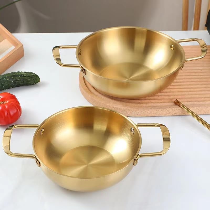 Gold Stainless Steel Cooking & Serving Pan 20cm – Heavy Duty Professional Frying Wok with Double Handles, Durable Brushed Finish, Imported Premium Cookware.