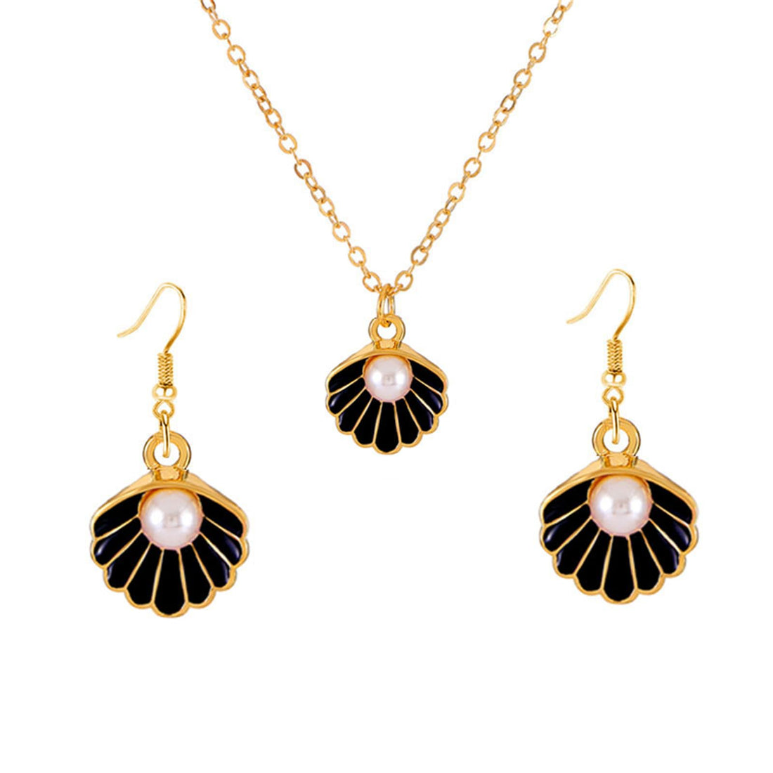 Dreuyet Seashell Pearl Necklace Earrings Set for Women Fashion Enamel Boho Pink Blue Scallop Sea Shell Pendant Necklace Beach Holiday Jewelry Gifts