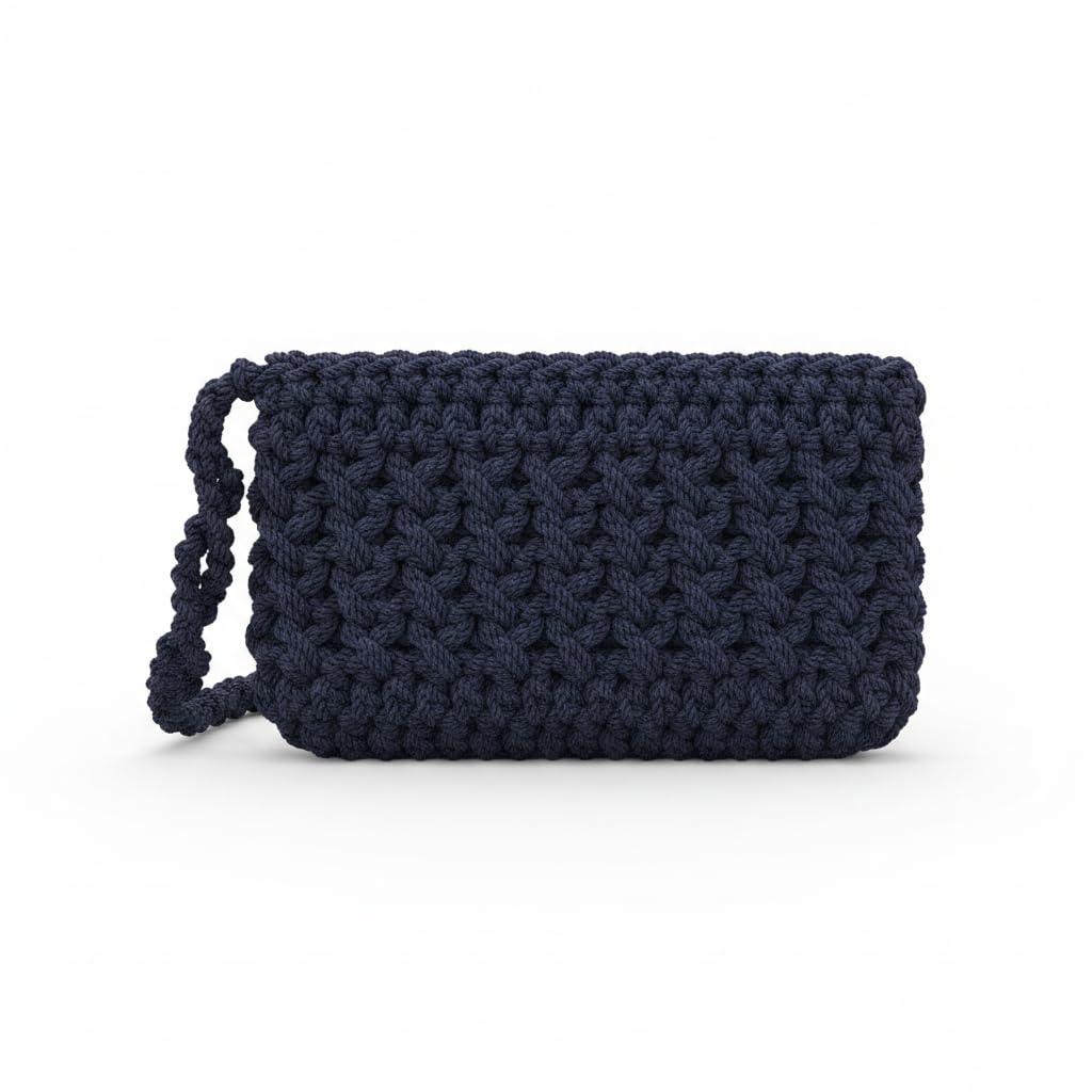 Elegant navy blue handmade crochet handbag for women, a small purse woven with high-quality thick cotton yarn.