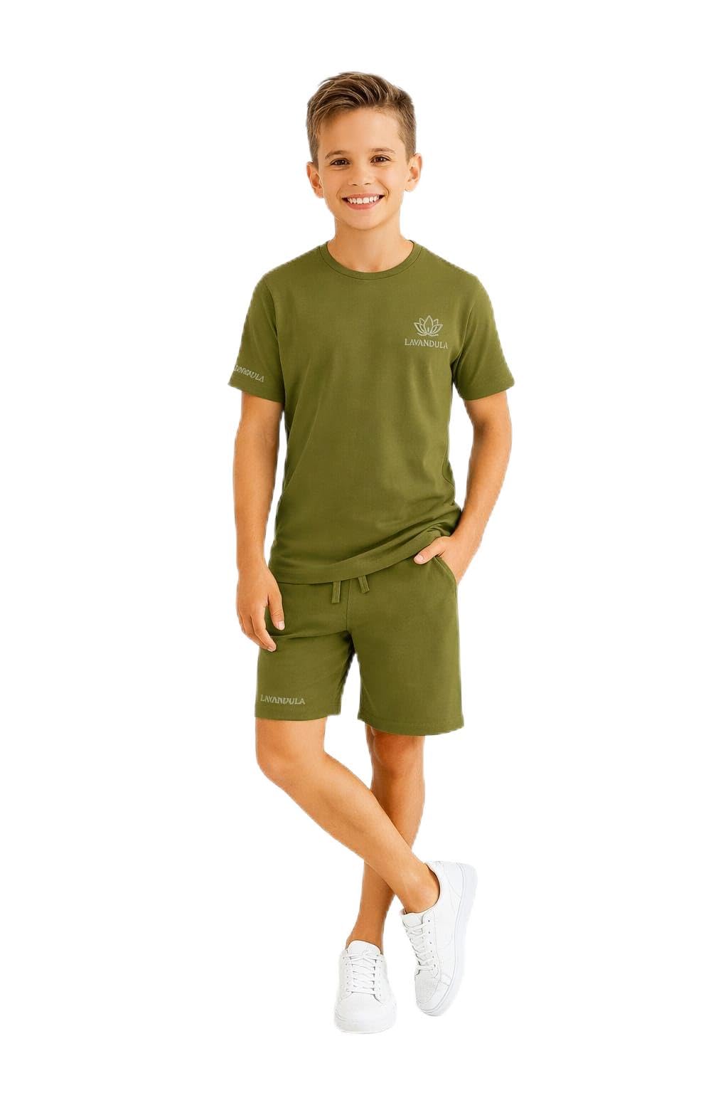 Lavandula Boys' Pyjama Set, 100% Pure Cotton, Short Sleeve T-Shirt and Matching Shorts, Olive Green, Navy Blue