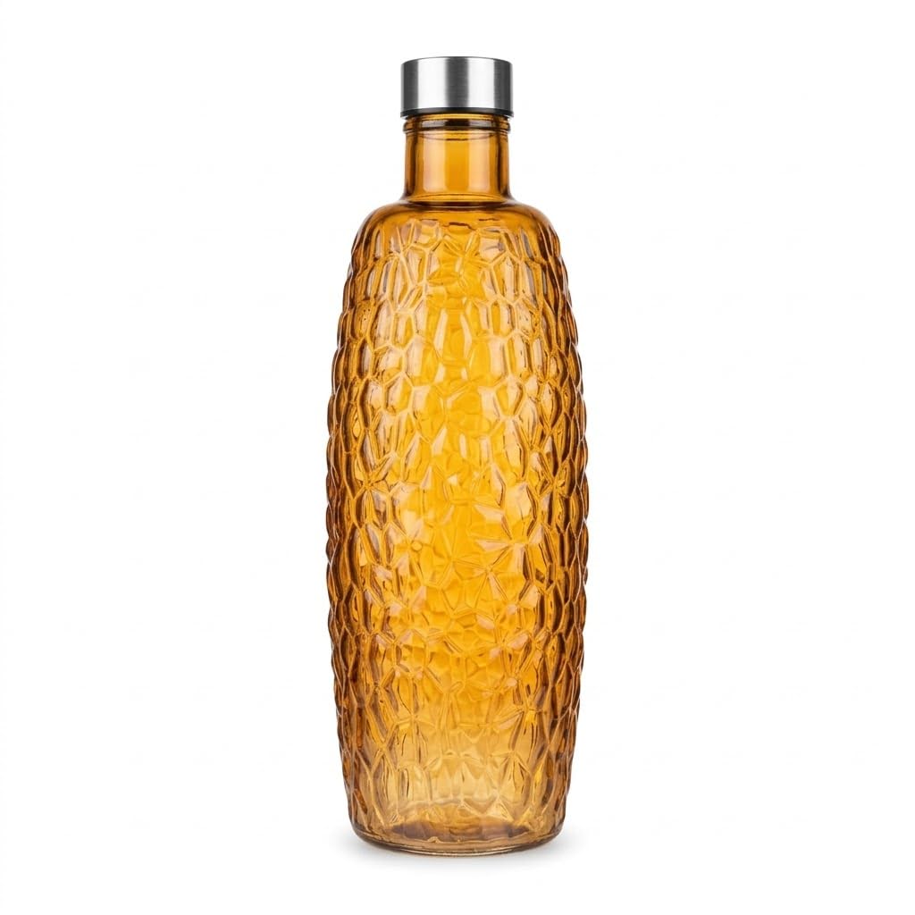 Next Store Premium Honey Water Bottle with Embossed "Crystal" Design - Glass Beverage Bottle with Metal Lid - A Unique Piece to Bring Warmth and Warmth to Your Table and Hospitality