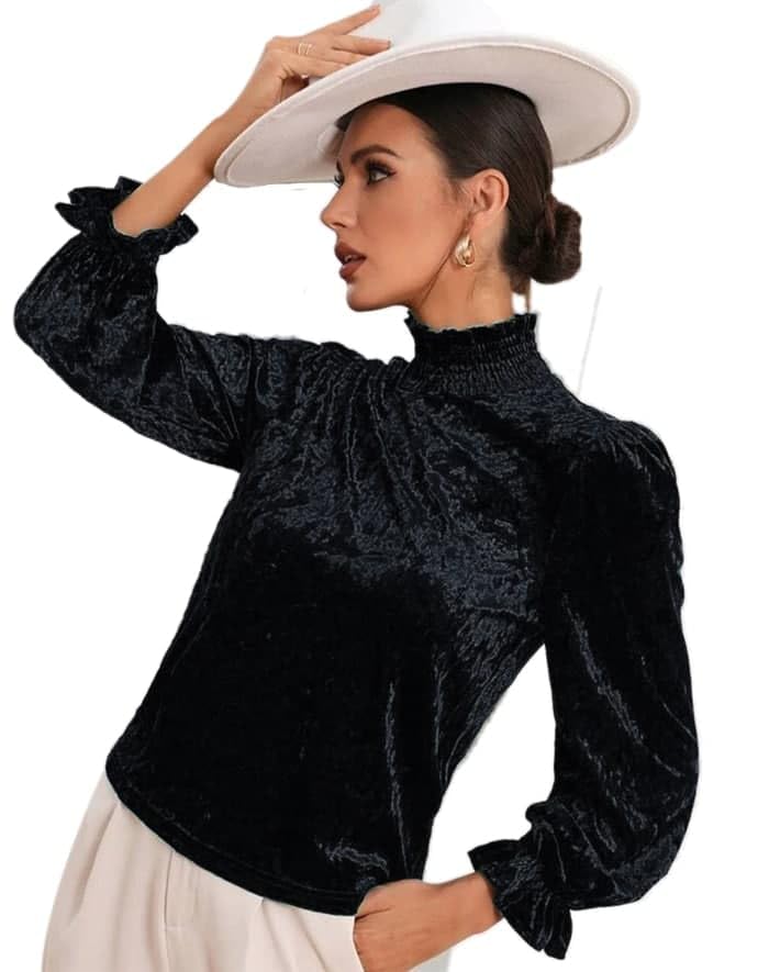 Women's Velvet Blouse, Black, High Neck Puff Sleeve