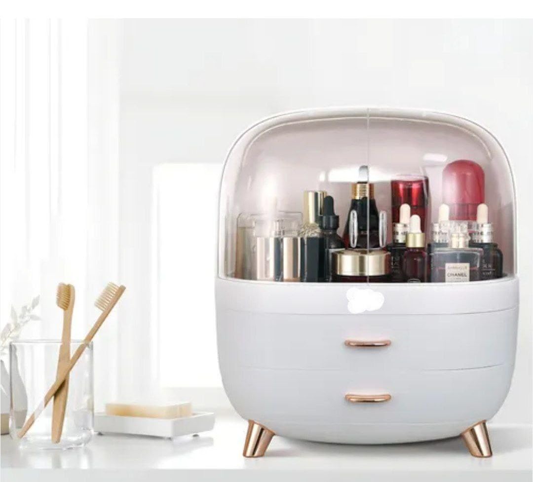 Cosmetic Organizer with Acrylic Door, White, 2-Drawer Storage Case, small size, Vanity Display Stand for Makeup and Beauty Accessories .za