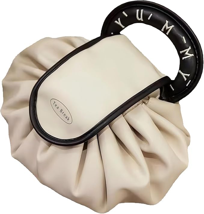 Lazy Drawstring Makeup Bags PU Portable Large Travel Cosmetic Bag Waterproof PU Cosmetic Hand Bag Storage Organiser Pouch Beauty Toiletry Bags for Eyeshadow Lipstick Skin Care Hand Cream, Beige,