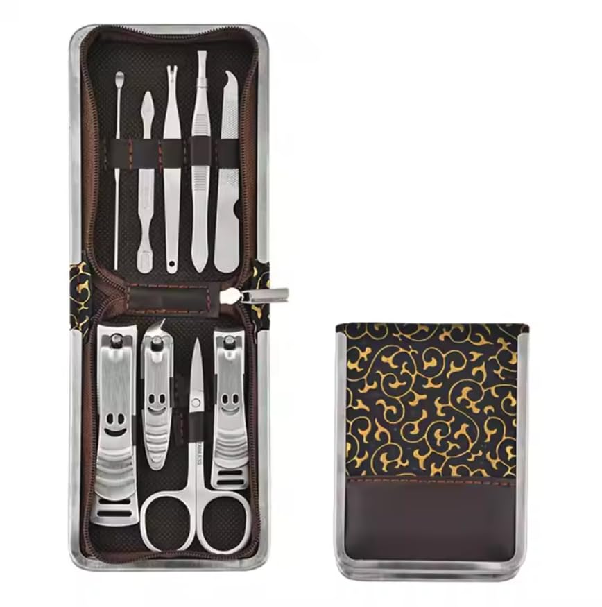Stainless Steel Manicure Set and Pedicure Set,Professional Men and Women- 9 in 1 nail clippers set-gold mix brown case