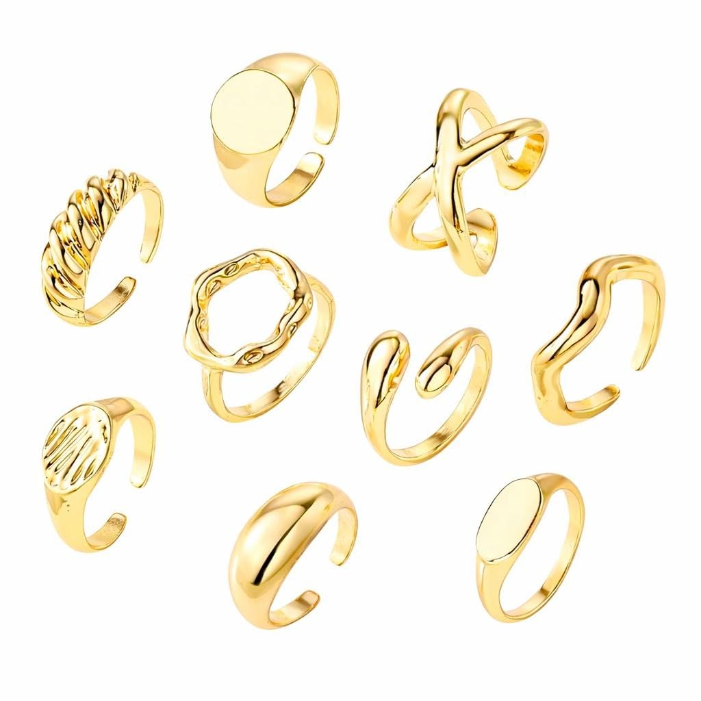 9pcs/Set Geometric Metal Rings, Women Jewelry Ring Set, Suitable For Daily Matching Accessories, No Box