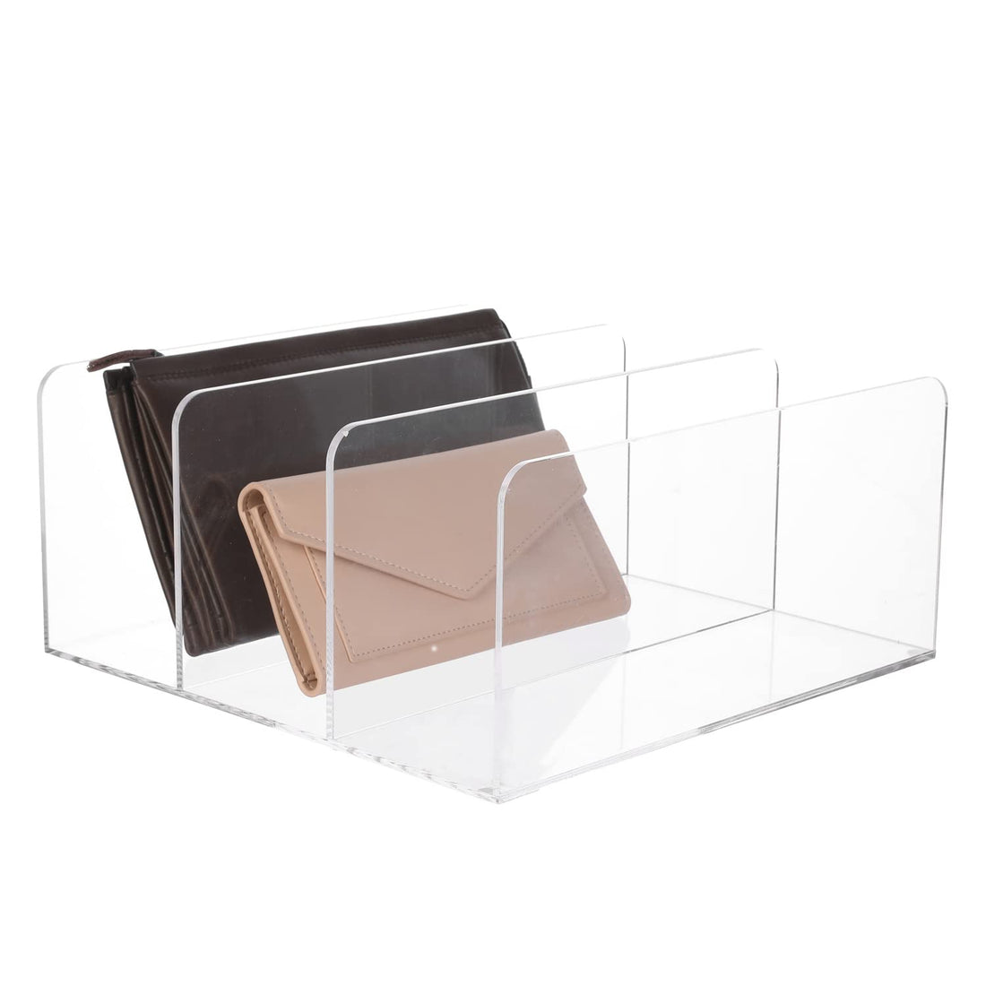 MyGift Clear Acrylic Divided Purse and Wallet Organizer for Women and Men with 3 Sections, Handbag Storage, Clutch Holder for Closet Organization or Retail Display