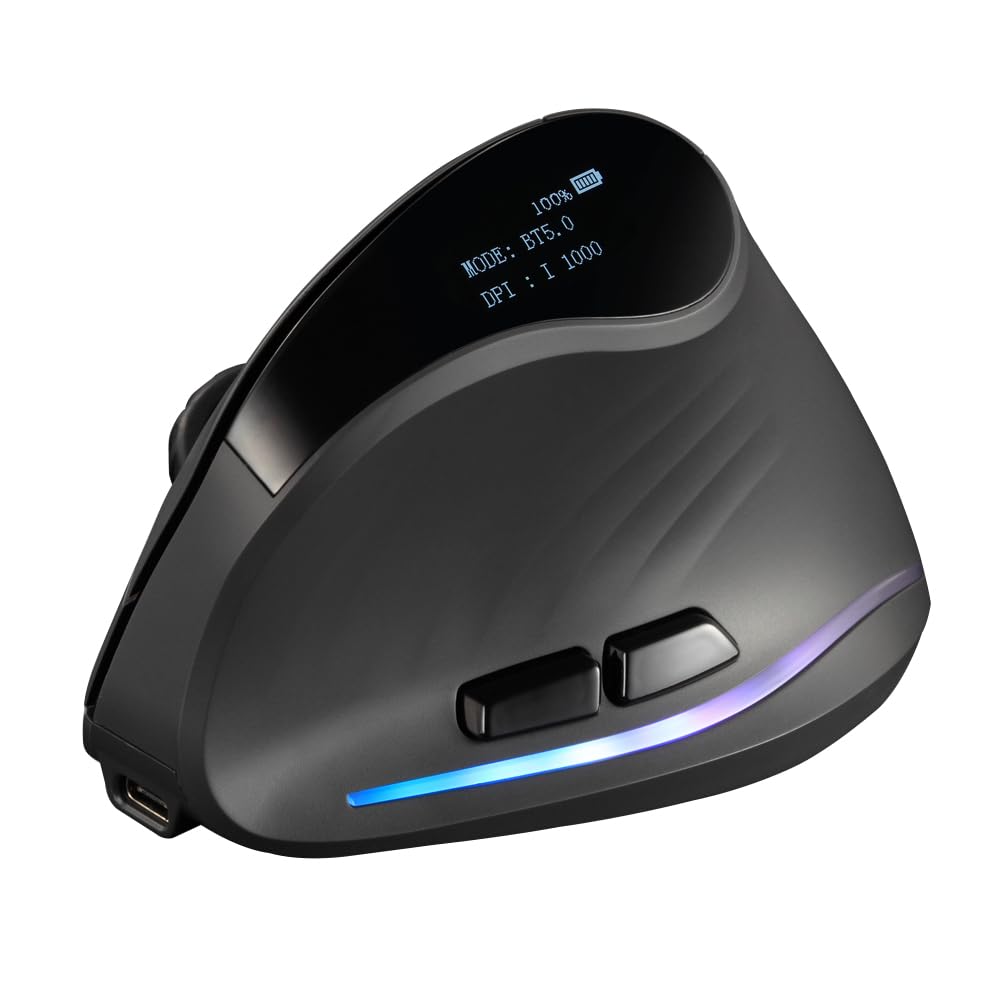 zelotes Wireless Bluetooth Mouse with Display, Rechargeable Wireless Mouse, 4000 DPI, BT 5.0/3.0 + 2.4GHz, 7 Buttons with USB Receiver, RGB, Vertical Ergonomic Mouse Wireless for Laptop, PC, Tablets