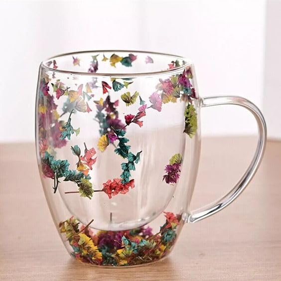 Double Walled Glass Coffee Mug with Handle, Insulated Layer Coffee Cup, Demitasse Clear Cups with Flower, Perfect for Cappuccino Tea Latte Espresso Hot Beverage (Colorful Flower 300ml)