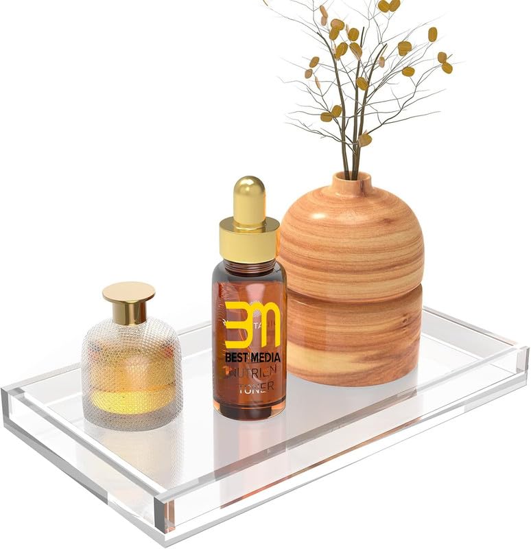 BEST MEDIA Acrylic Vanity Tray, Thick 8mm Clear Organizer Tray, 26.7 x 15.2 cm, for Bathroom Countertops, Dressers, Perfume, Jewelry, Soap, Small Decorative Tray for Home, Clear