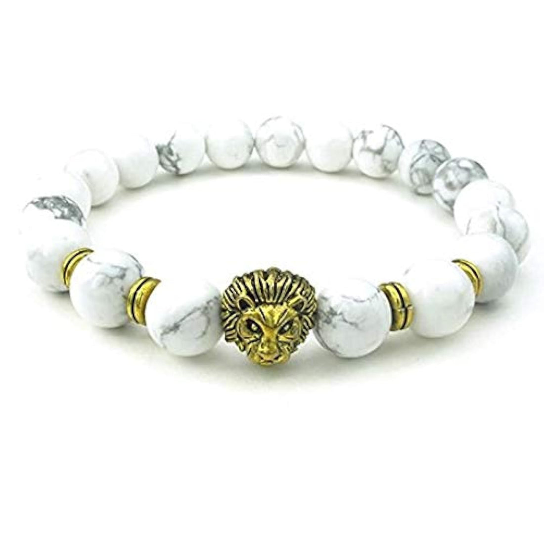 Stone Mens Bracelet, 10mm Natural Energy Gemstone Beads Bangle, Lion Charm, White Gold