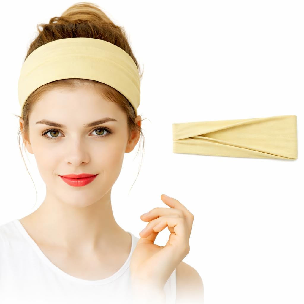 Wide Cross Cotton Headbands for Women and Men, 95% Cotton, Non-Slip, Wide Style, Perfect for Daily Wear. (Pastel Yellow, 1)