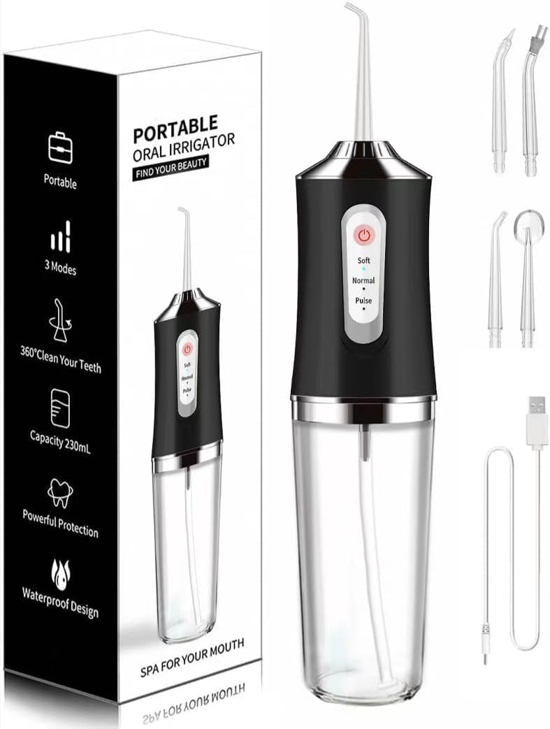 Cordless Water Flosser for Teeth – Rechargeable, IPX7 Waterproof, 3 Modes & 4 Jet Tips for Travel, Home and Braces Care (Black)