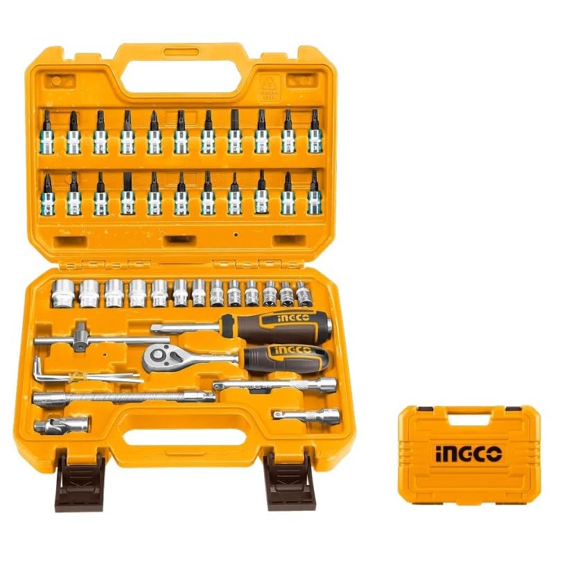 INGCO 46 Pcs 1/4" Socket Set, Material: 50BV30 High-Quality Cr-V Steel, Handle: Three-Color Soft Handle, Finish: Chromed Plated, Heat Treated, Model : HKTS14462
