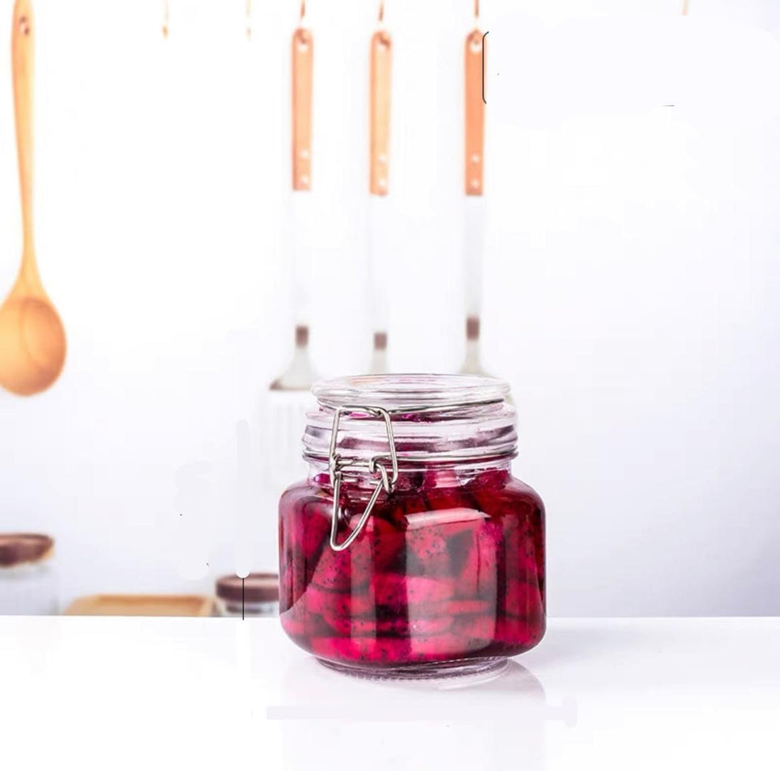 Square Glass Storage Jar with Airtight Lid, Stainless Steel Buckle, Food Glass Jar, Pickle Jar, Coffee Bean Storage Jar (750ml)
