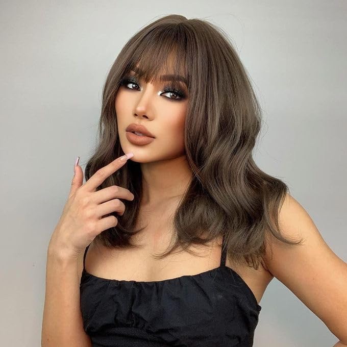 Ash Brown Wig Long Wavy Wig with Bangs Natural Synthetic Hair Wigs for Women