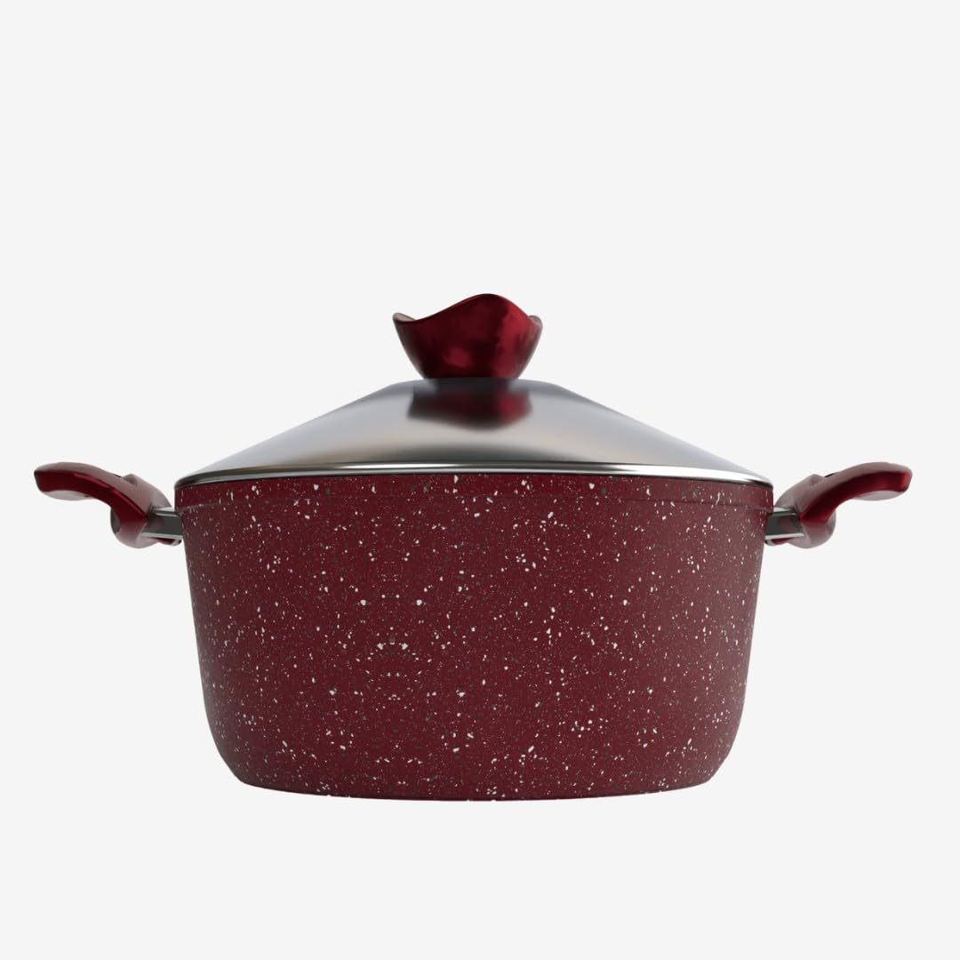 28 cm Super Granite Stewpot in Red with a durable 4 mm body for even heat distribution. Premium non-stick granite coating ensures healthy cooking and easy cleaning.