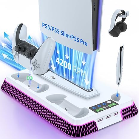 PS5 Cooling Station, PS5 Pro Stand RGB and Turbo Fan with Dual Charging Station for PS5, PS5 Accessories Kits, Vertical Stand with 3 Levels Cooling Fan, Headset Holder for PS5 Digital/Disc