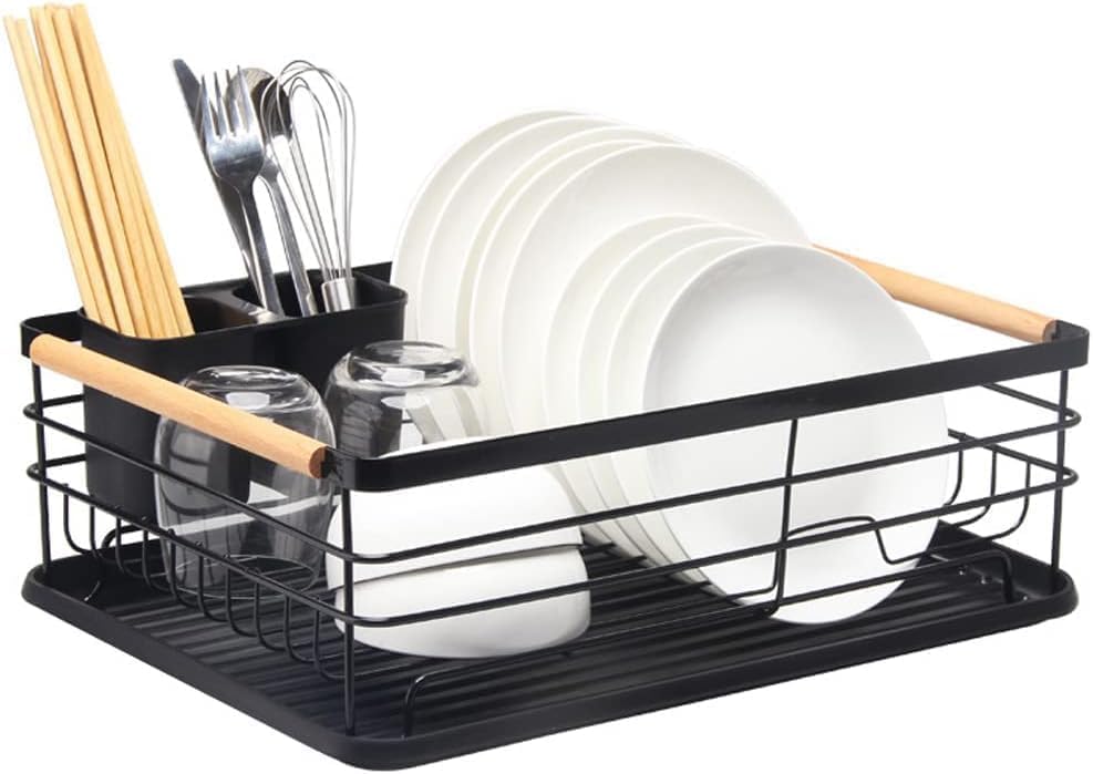Next Store Modern Metal Dish Drainer with Wooden Handle, Stainless Carbon Steel Cutlery Drying Rack, Space Saving Kitchen Sink Organizer