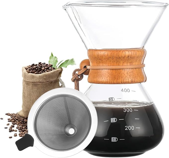 Hand Drip Coffee Maker, Pour Over Brewer, Paperless Glass Carafe with Stainless Steel Filter, Reusable Glass Coffee Pot Manual Coffee Dripper Brewer with Wood Sleeve for Home Travel (14 oz/400 ml)