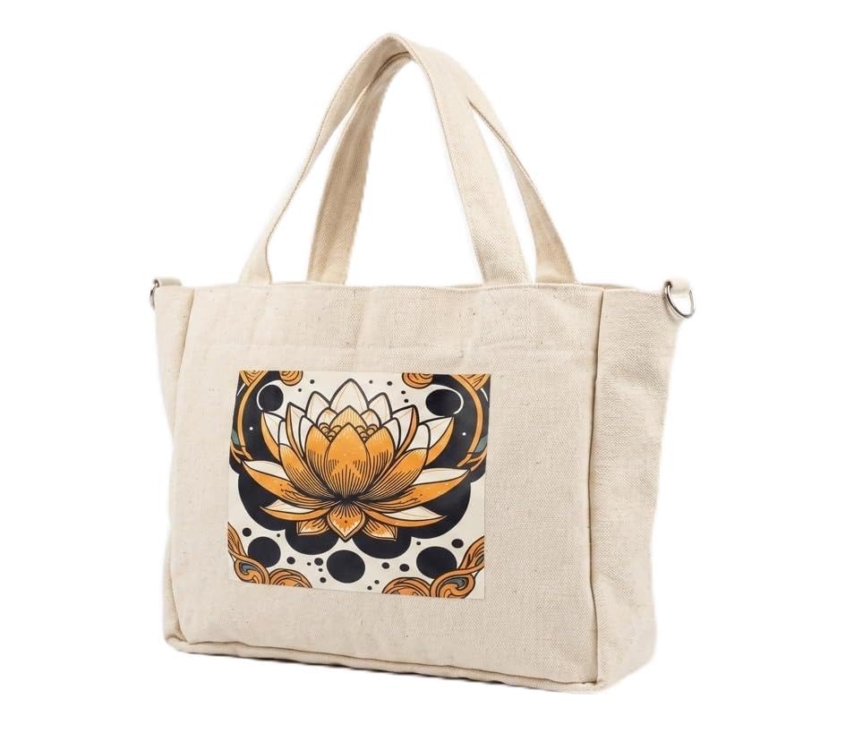 Handmade Multi-Pocket Lotus Printed Canvas Tote Bag, Egyptian Cotton Duck, Top-Handle, Zippered, 4 Compartments, 32x24 cm, Orange and Black