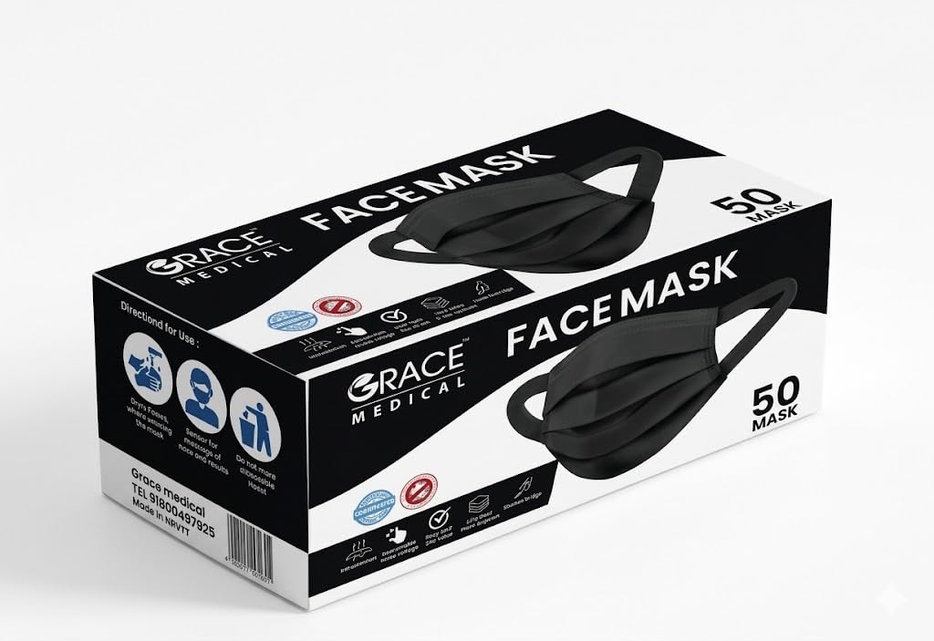 Grace Face Mask Surgical Wide Adult Black 50 Piece