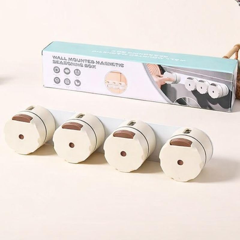 Magnetic Wall Mounted Spice Dispenser, 4 Jars with One Push Button, Clear with Silver Lids