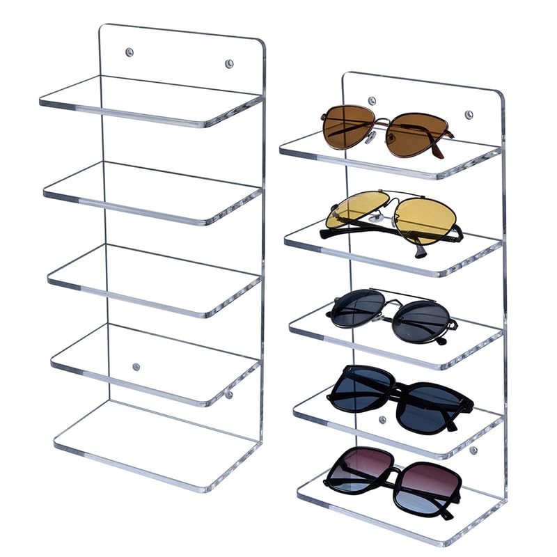 Best Media 5-Tier Clear Acrylic Sunglasses Holder Rack, Wall Mounted or Tabletop Display Organizer for Eyewear, Set of 2