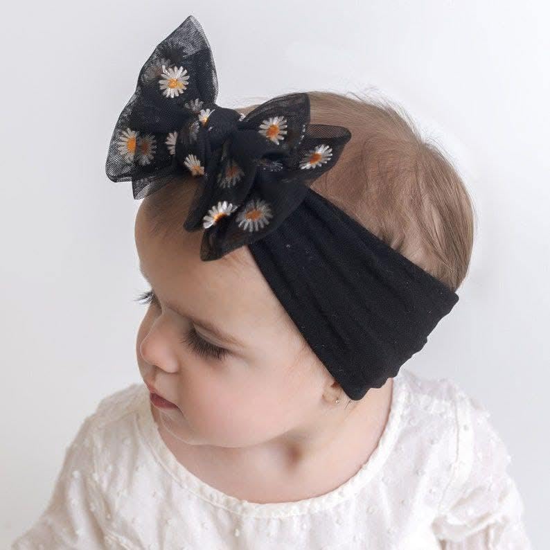 Black Baby Headband with Daisy Flower Bow, Soft Hair Accessory for Babies and Toddlers