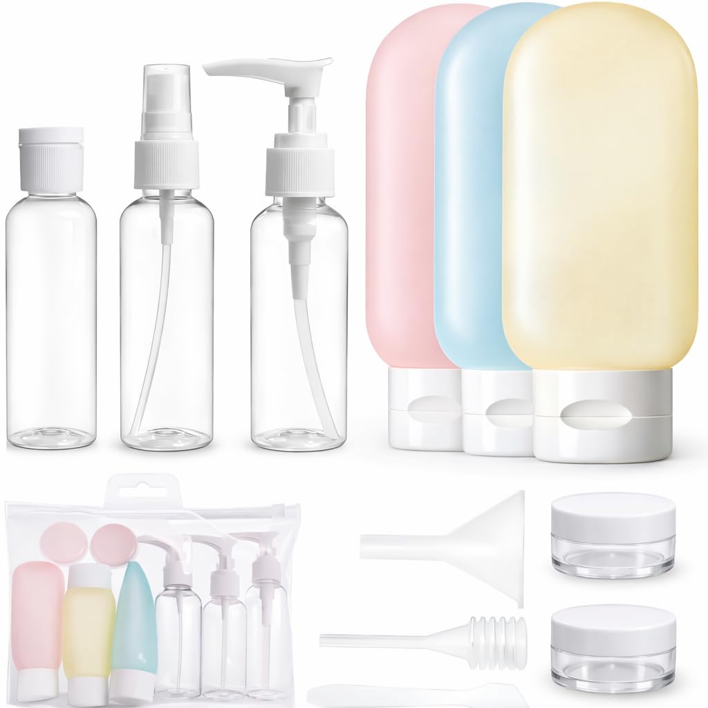 11PCS Travel Containers Kit for Toiletries, Leakproof Refillable Travel Bottles Set with Squeezable Silicone Bottles, Spray and Pump Bottles, Cream Jars, Funnel, Spatula and Zip Bag