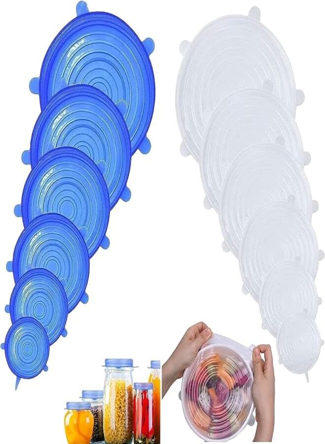 HZZXCH 12PCS Silicone Stretch Lids Reusable Food Covers, 6 Sizes, Blue & White, Microwave & Dishwasher Safe, Silicone Material, Food Covers for Dishes, Jars, Bowls