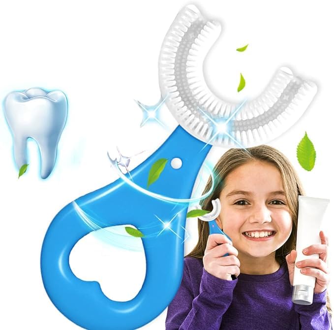 Kids U-Shaped Silicone Toothbrush, 360° Whole Mouth, Soft Bristles, Blue
