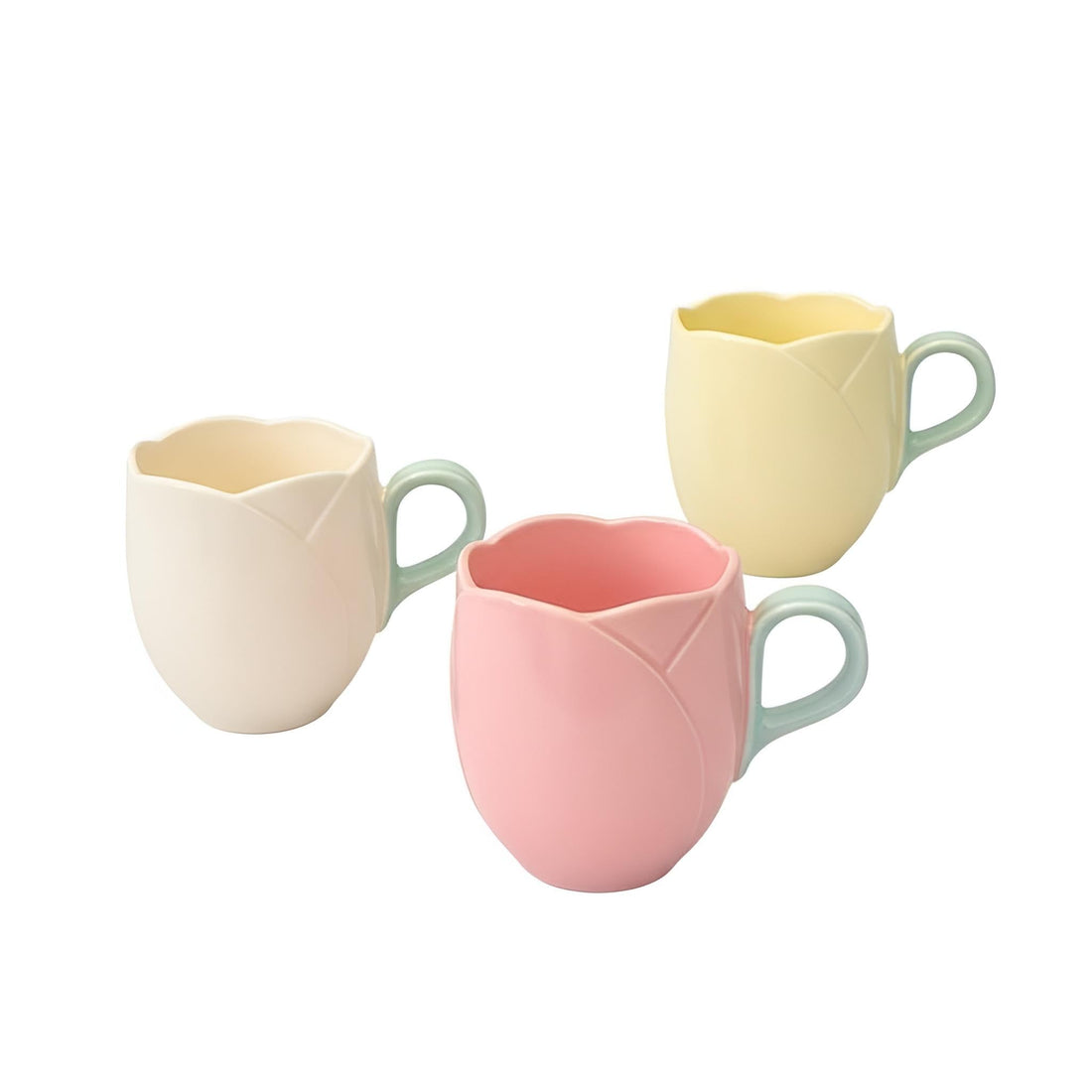 Pastel Drinkware Set - Three ceramic mugs shaped like blooming tulips, 3D rose detailing, comfortable grip, perfect for tea, coffee, or hot cocoa, decorative kitchen essential