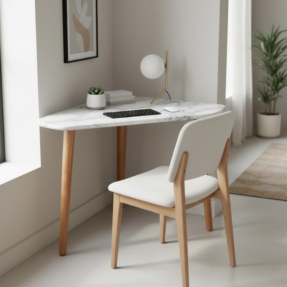 Fendi Home Modern Solid Wood Triangle Corner Desk with Drawer – Sturdy 3-Leg Home Office Workstation & Writing Table for Small Spaces, Study, Bedside (White Marble)