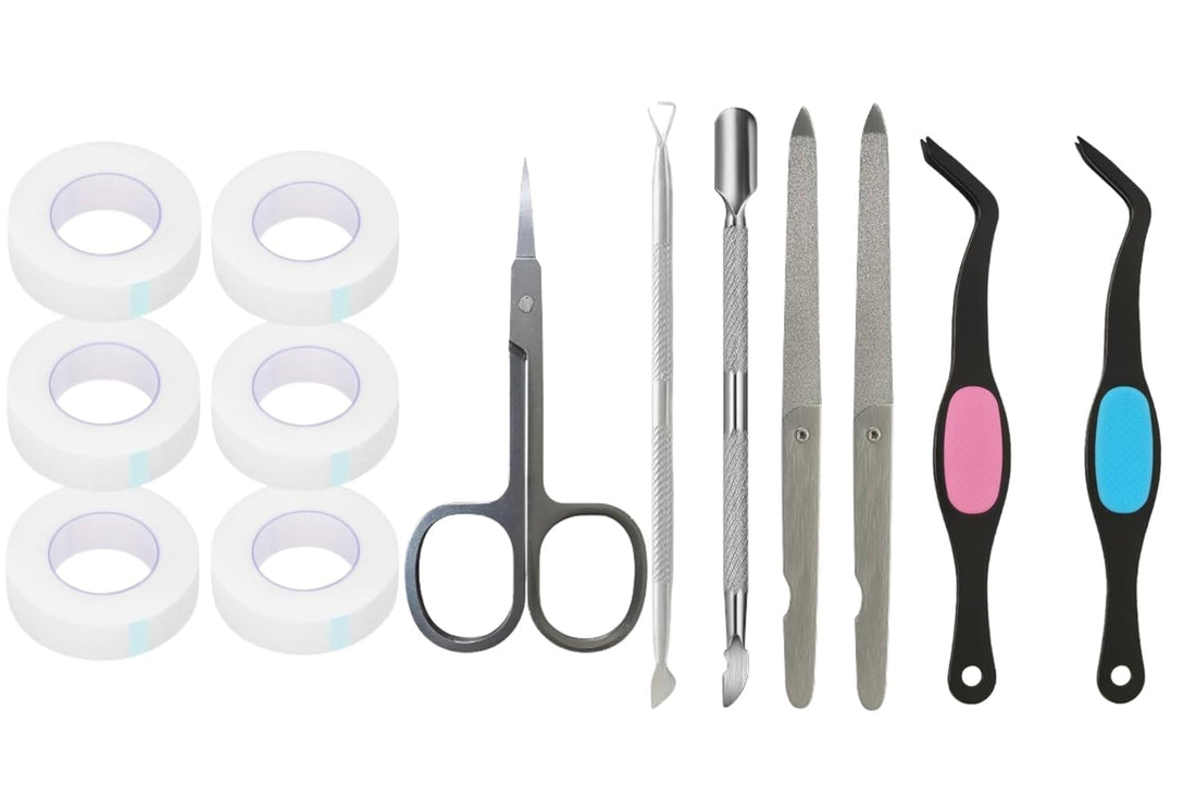 Eye and Nail Care Tool Set – Includes Cuticle Pusher, Curved Tweezers, Precision Eyebrow Scissors, Dual-Sided Nail Files, Cuticle Lifter Tool, 6 Rolls Eyelash Tape – Grooming & Nail Kit