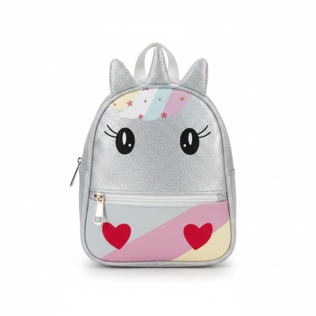 A children's backpack with a shiny and attractive design, perfect for school or everyday outings, lightweight and durable, silver color.