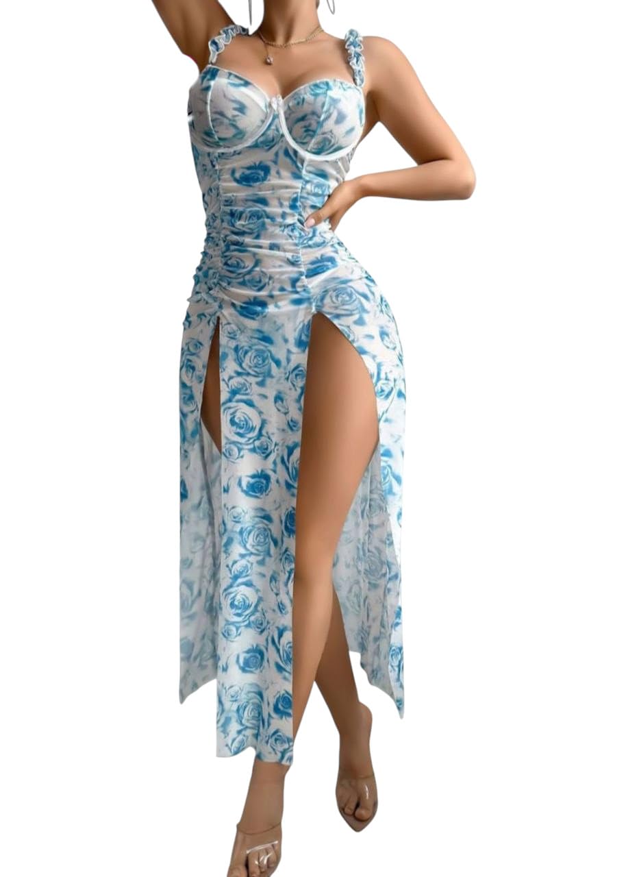Women's Floral Print Maxi Lingerie Dress, Rose Pattern, Ruched Bodycon, High Slit, Sleeveless with Ruffle Straps