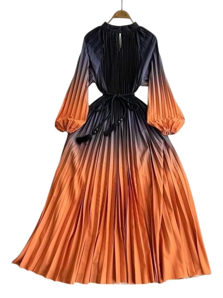 Black to Orange Plissé Free Size Puff Sleeve High Neck Belt Dress