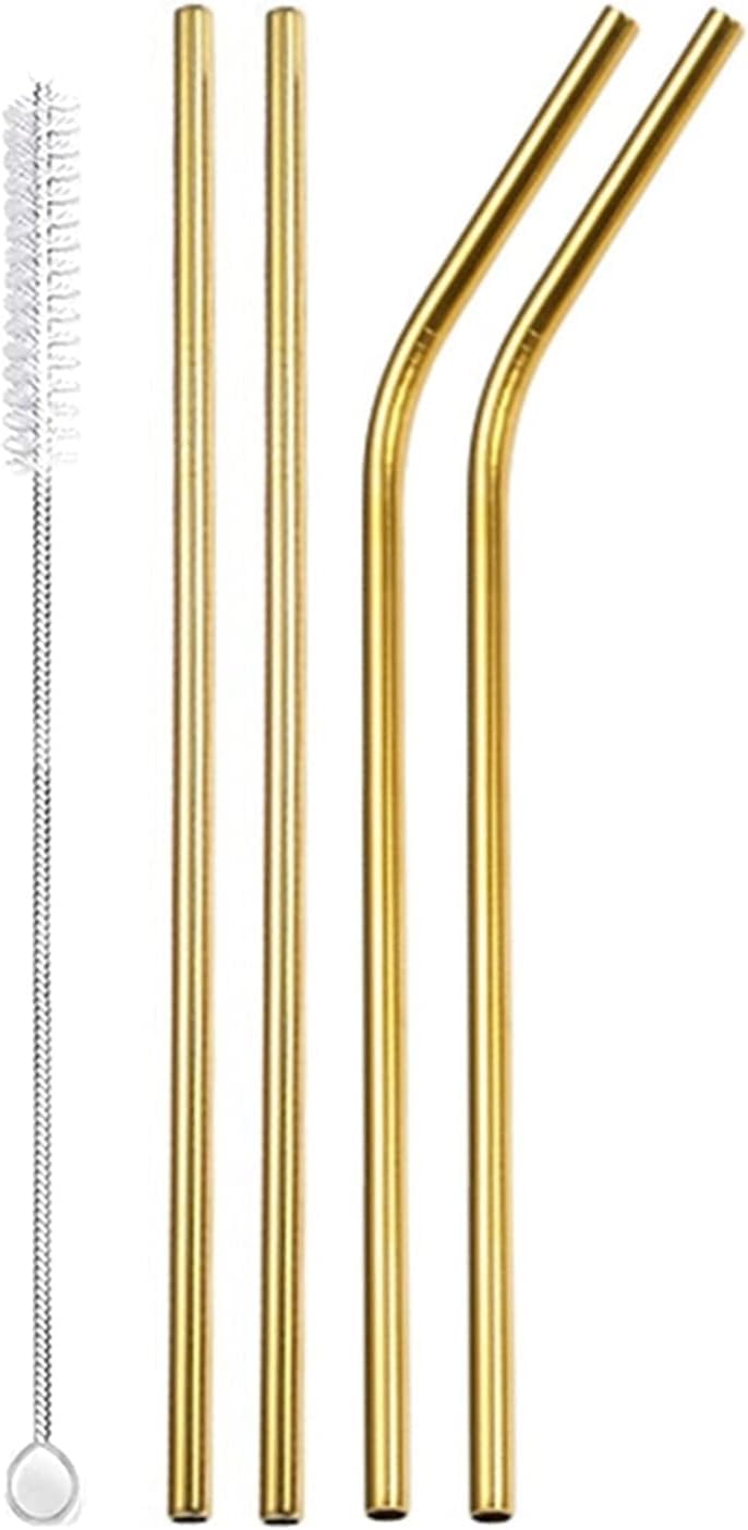 Set of 4 Metal Straws Food Grade Stainless Steel Cool Gold Straws with Cleaning Brushes for Cocktails, Drinks, Homemade Juices