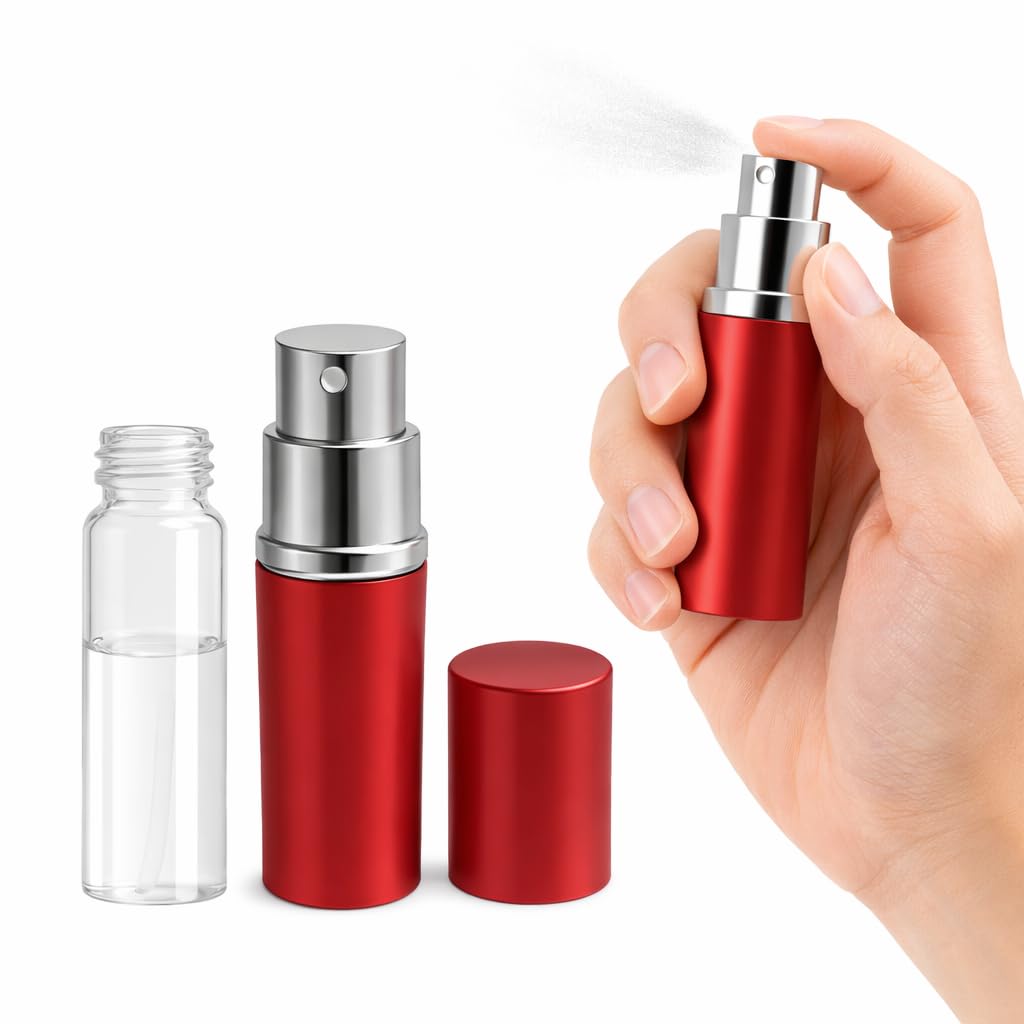 Refillable Perfume Spray Bottle Aluminum Atomizer Travel Size 10 Ml Leak Proof Pocket Container For Fragrance Cologne Cosmetic Use, Portable Design (Red)
