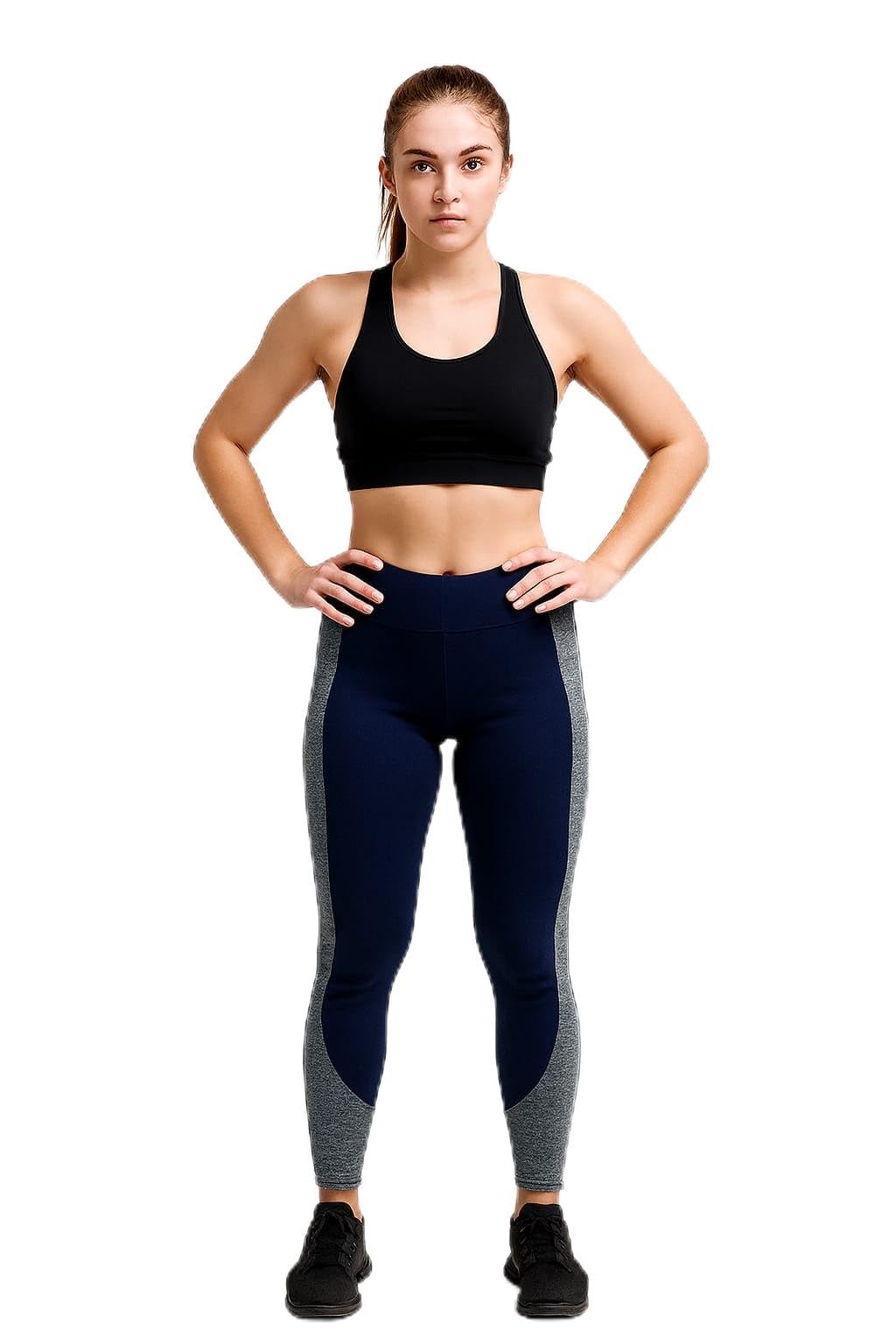 Women's High-Waist Athletic Leggings, Navy Blue with Grey Side Panels, Performance Sports Workout Pants, Moisture-Wicking Activewear
