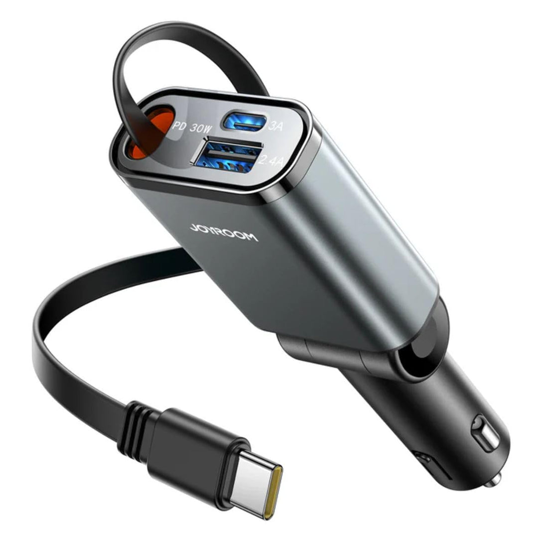 Joyroom JR-CCL07 3-in-1 Retractable Car Charger - Dual USB & Type-C Ports, Fast Charging, Space-Saving Design, Compatible with Smartphones & Tablets - Dark Grey