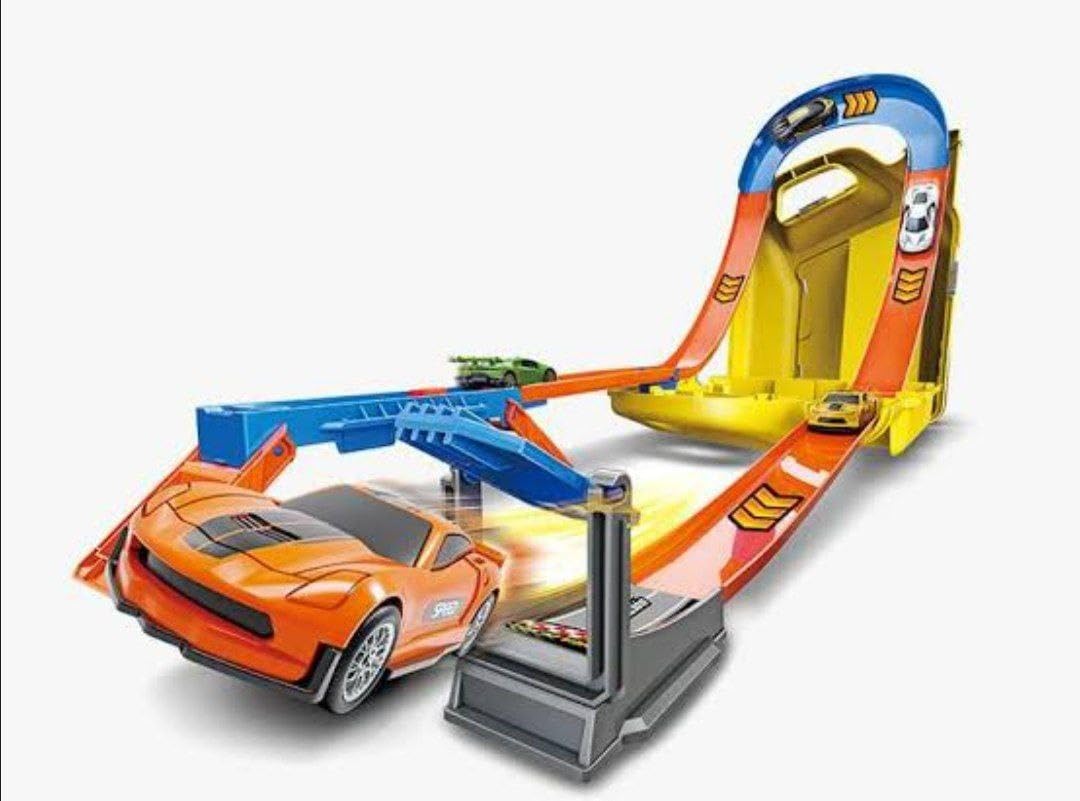 Street Convoy Race Track Set with Engine Oil Bottle Case, Includes 7 Die-Cast Cars, Loop Track, for Kids